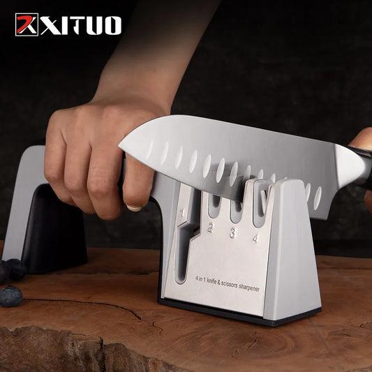 XITUO Kitchen Knife Sharpener 4 Stages 4 in 1 Diamond Coated& Fine Ceramic Rod Knife Shears and Scissors Sharpening System Tools